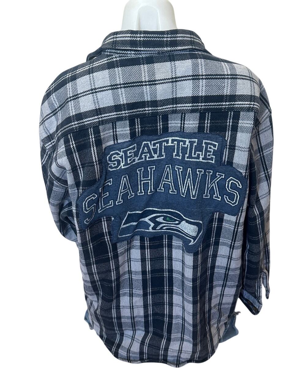 Seattle Seahawks Flannel Plaid Shirt Football XL Oversize Unique Blue Upcycled